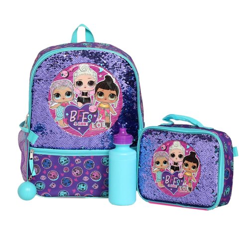 L.O.L. Surprise! Girl’s 4 Piece Backpack Set, Flip Sequin 16" School Bag with Front Zip Pocket, Purple and Teal
