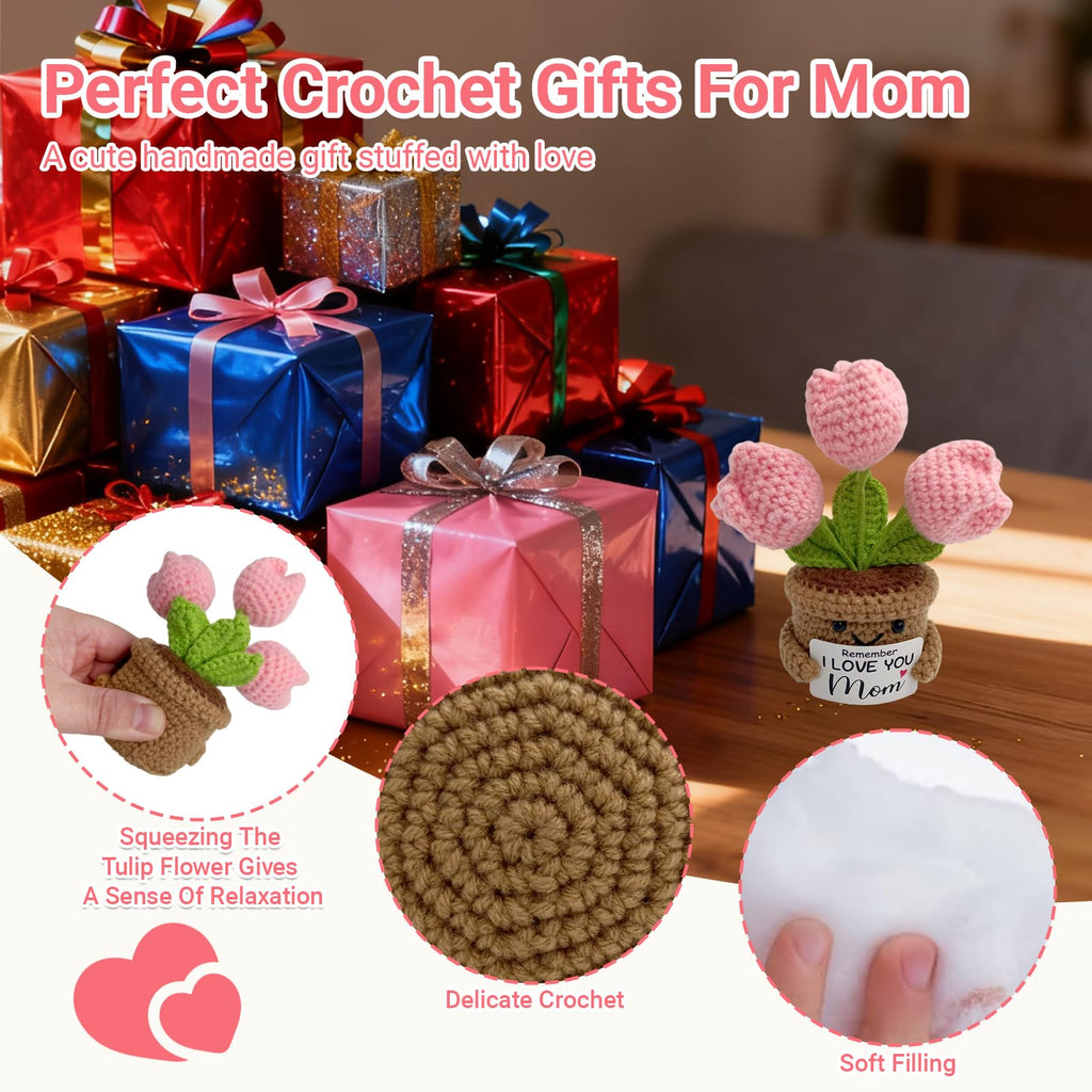 Fmcmly Mini Birthday Gifts for Mother, Remember I Love You MOM, Handmade Crochet Cute Tulip Flower, Gift for Mom from Daughter or Son