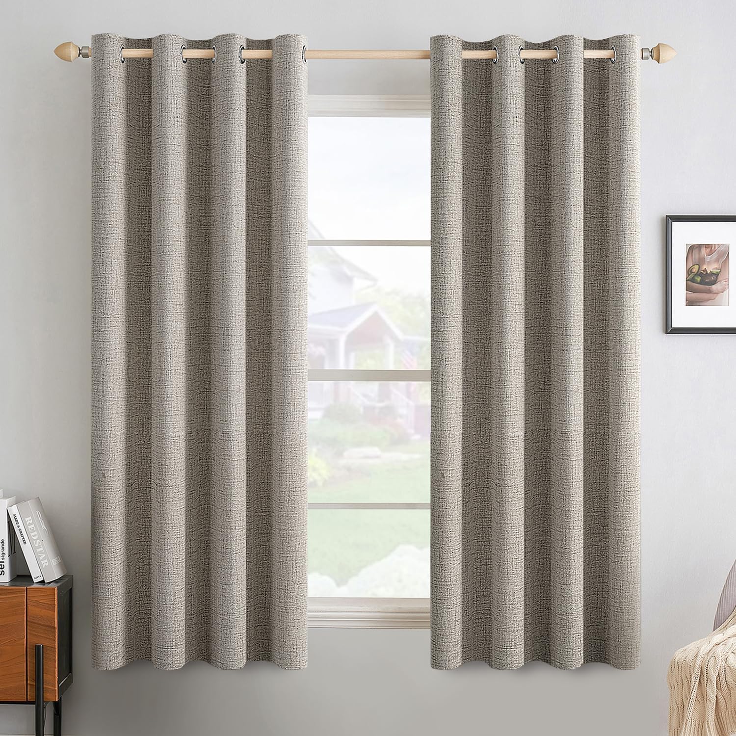 MIULEE Blackout Linen Curtains - 100% Thermal Insulated Greige Drapes | Room Darkening 52x63 Inch (2 Panels)