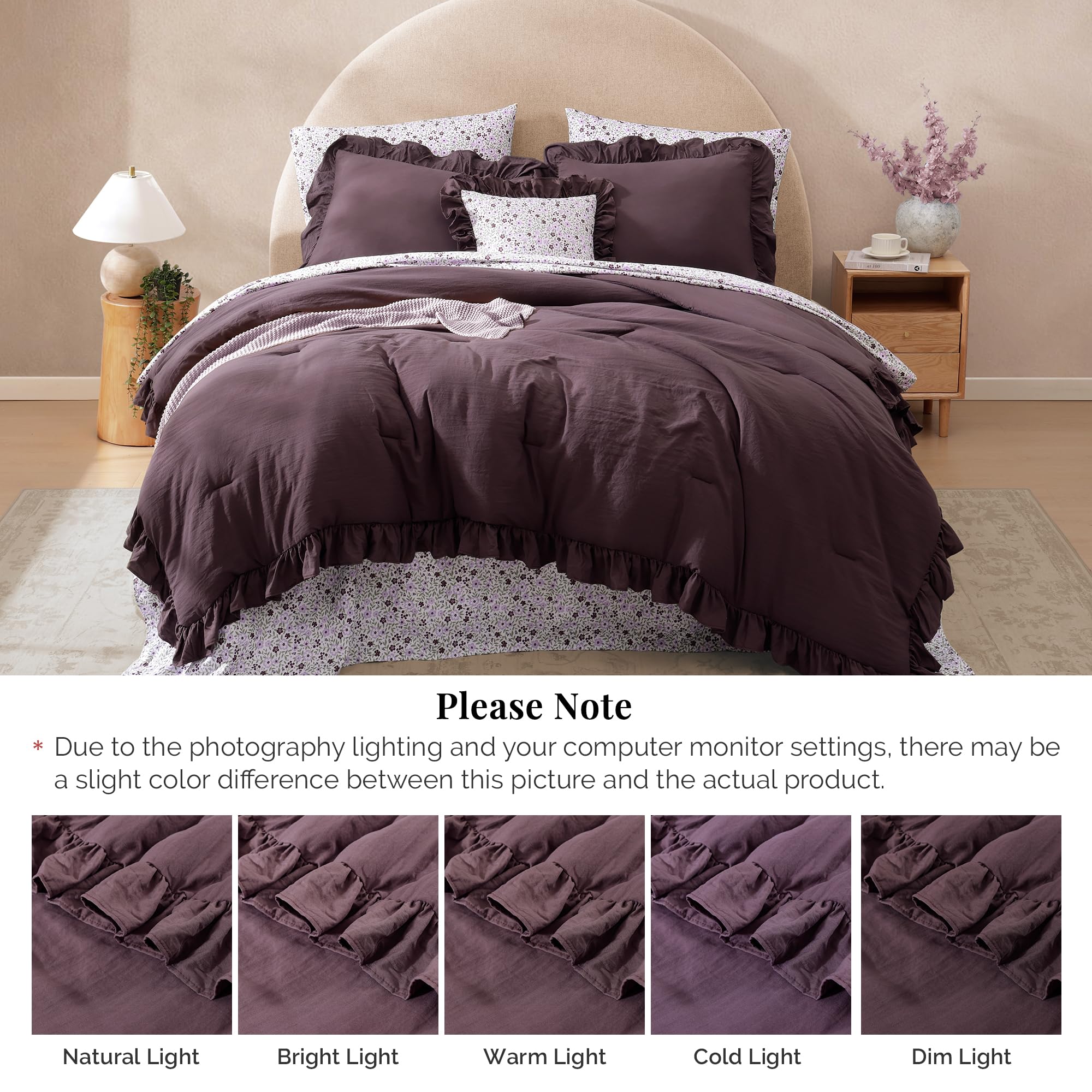 BLOOMHAVEN Queen Comforter Set - 7 Pieces Ruffle Purple Bedding Sets, Shabby Chic Farmhouse Bed in a Bag Queen with Ruffle Comforter, Floral Sheets, Pillowcases & Shams