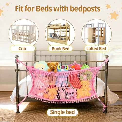 Erogeen Stuffed Animal Storage Net, Large Bedside Toy Organizer Net, Cotton Plushie Toy Storage Hammock with Tether for Stuffed Animals Room Organization (Pink, 2 Pack)