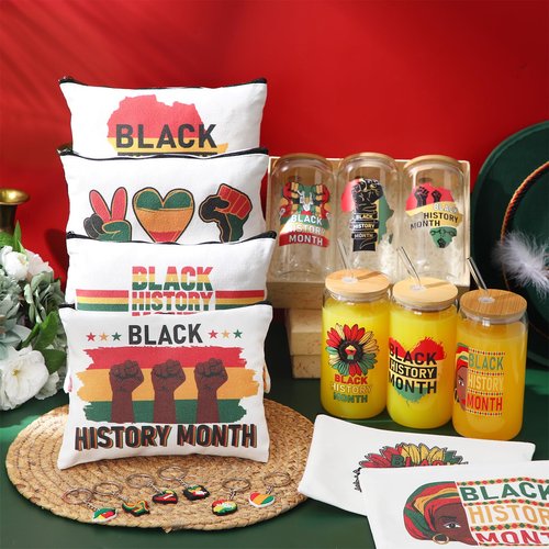 Funnymoom 18 Pcs Black History Month Gifts for Women Men 16 oz Black History Month Glasses Cups with Bamboo Lids and Straws African Flag Makeup Bags Juneteenth Rubber Keychain for Holiday Present