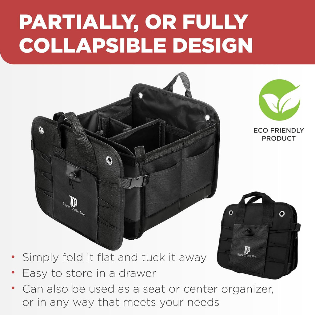 TRUNKCRATEPRO Car Trunk Organizer - Premium Adjustable Multi-Compartment Design | Large Black with Securing Straps & Non-Slip Bottom