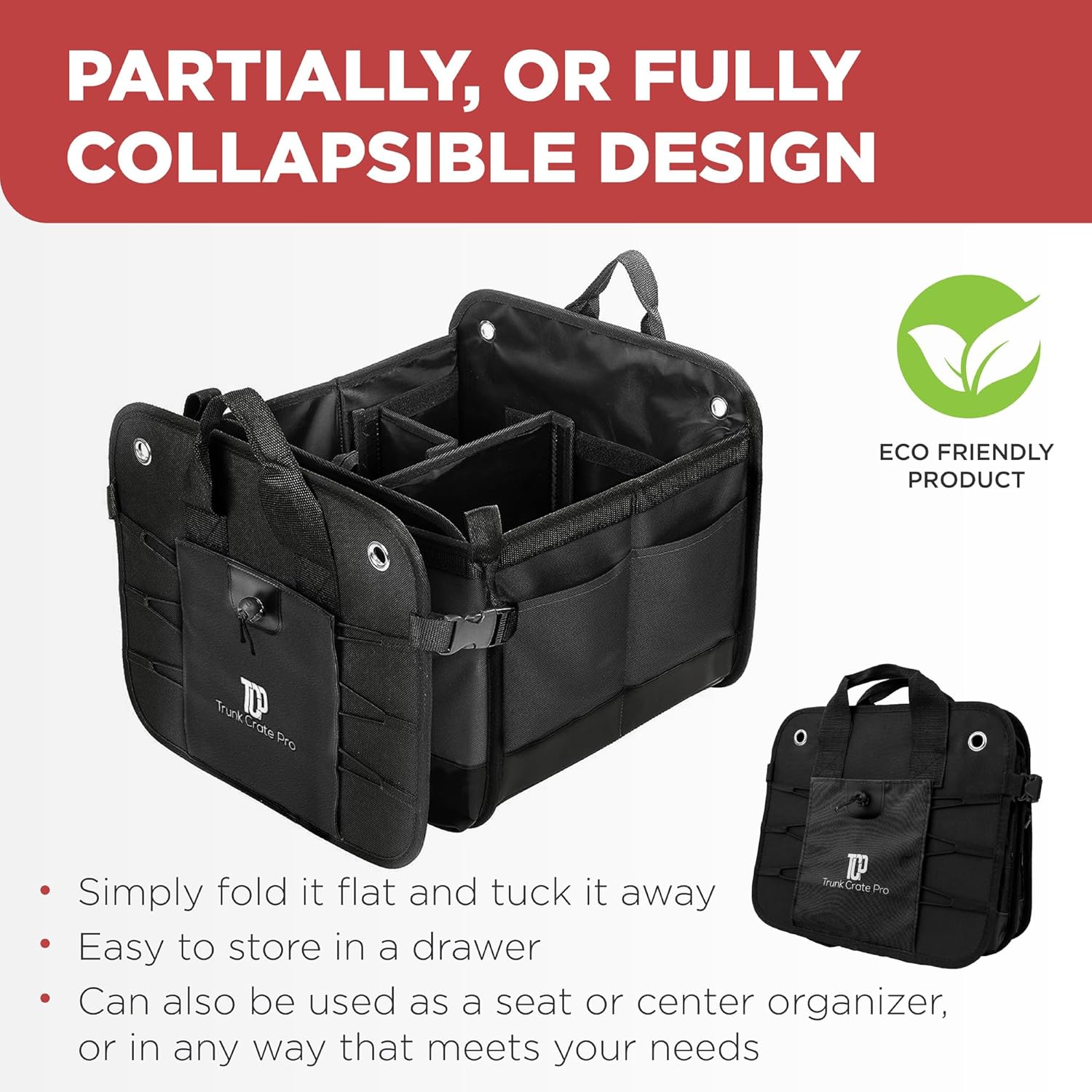 TRUNKCRATEPRO Car Trunk Organizer - Premium Adjustable Multi-Compartment Design | Large Black with Securing Straps & Non-Slip Bottom