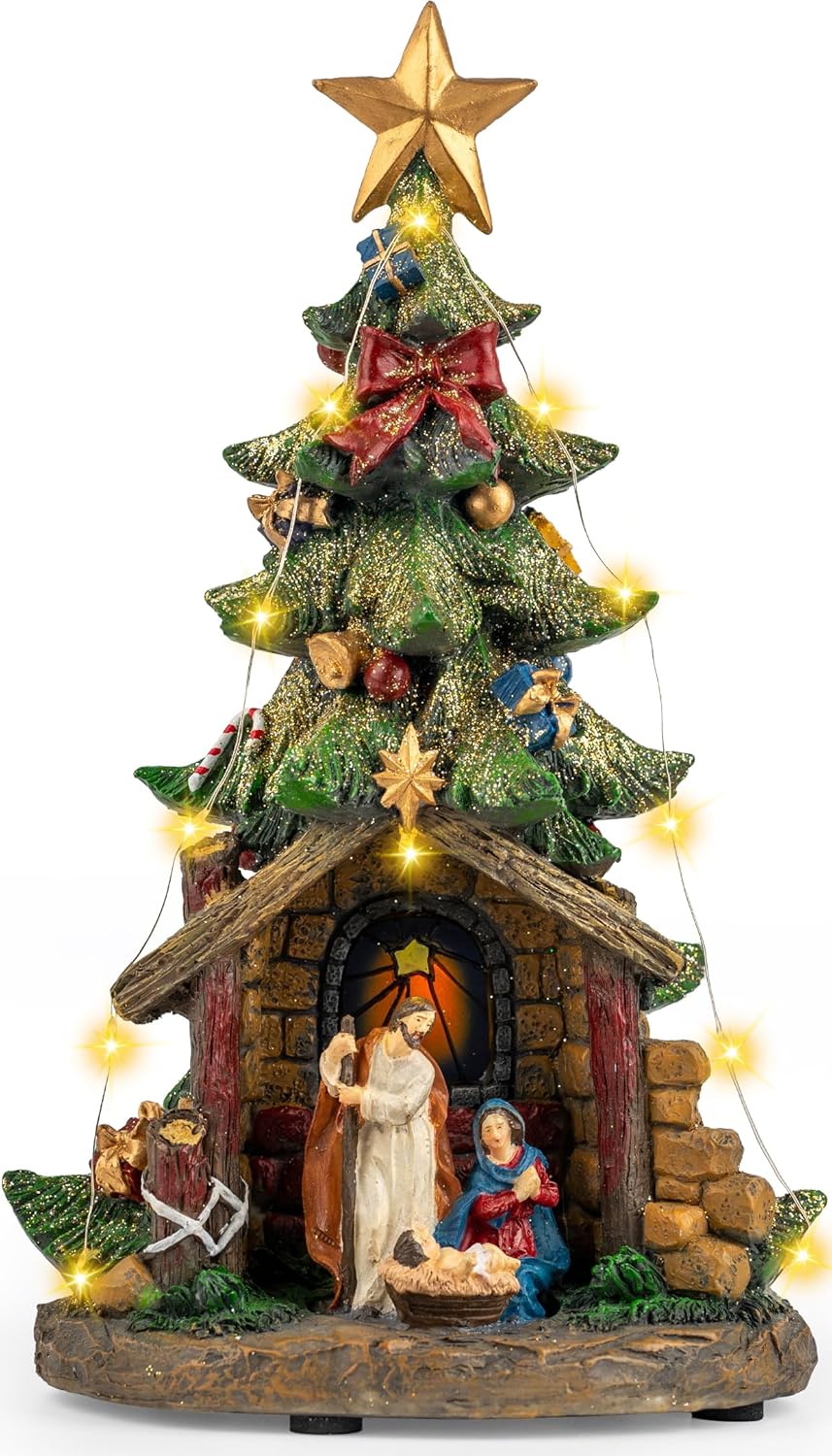 VISFLAIR 12'' Lighted Christmas Tree Nativity Scene - Musical Holy Family Figurines with LED Lights