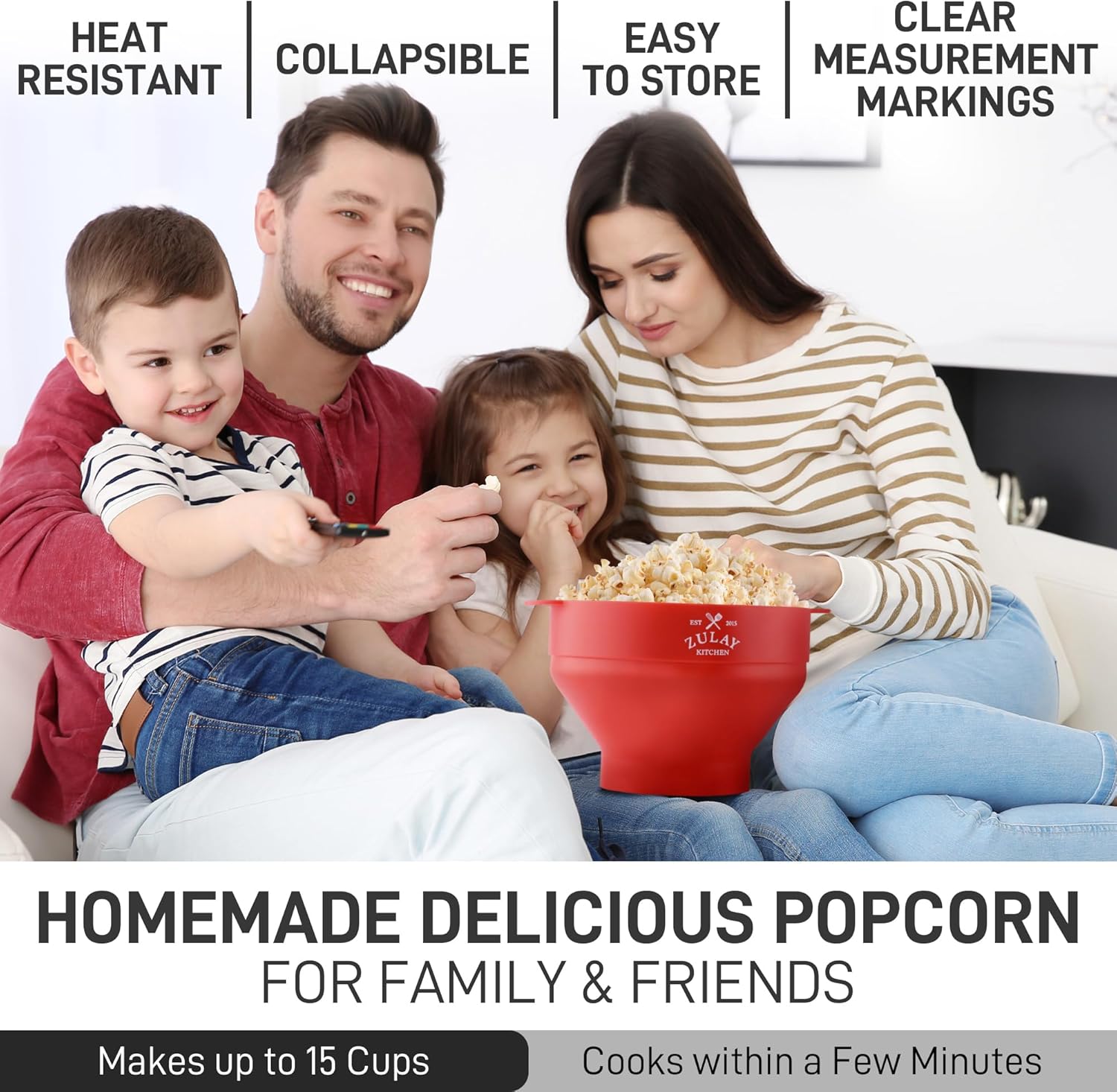 Zulay Microwave Popcorn Popper Bowl - Collapsible, BPA-Free Silicone, Dishwasher Safe - Red