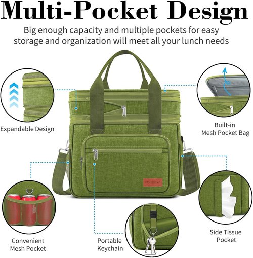 Coobiiya Insulated Lunch Bag Cooler - 23L Expandable, Leakproof Design with 4 Ice Packs & 10 Snack Bags | Perfect for Travel & Camping