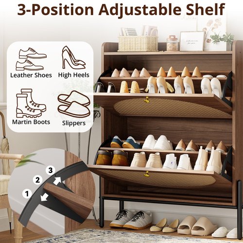 IRONCK Shoe Cabinet Storage with 2 Flip Drawers, Free Standing Wooden Shoe Storage Organizer Cabinet with Rattan Doors for Entryway, Narrow Shoe Rack Cabinet, Walnut