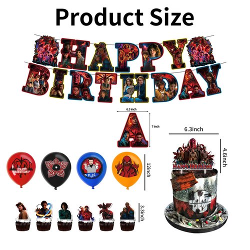 30 Pcs TV Series Role Birthday Decorations, Horror Theme Party Decorations, Includes 1 Banner, 16 Balloons, 1 “Happy Birthday” Topper, and 12 Dessert Decorations.