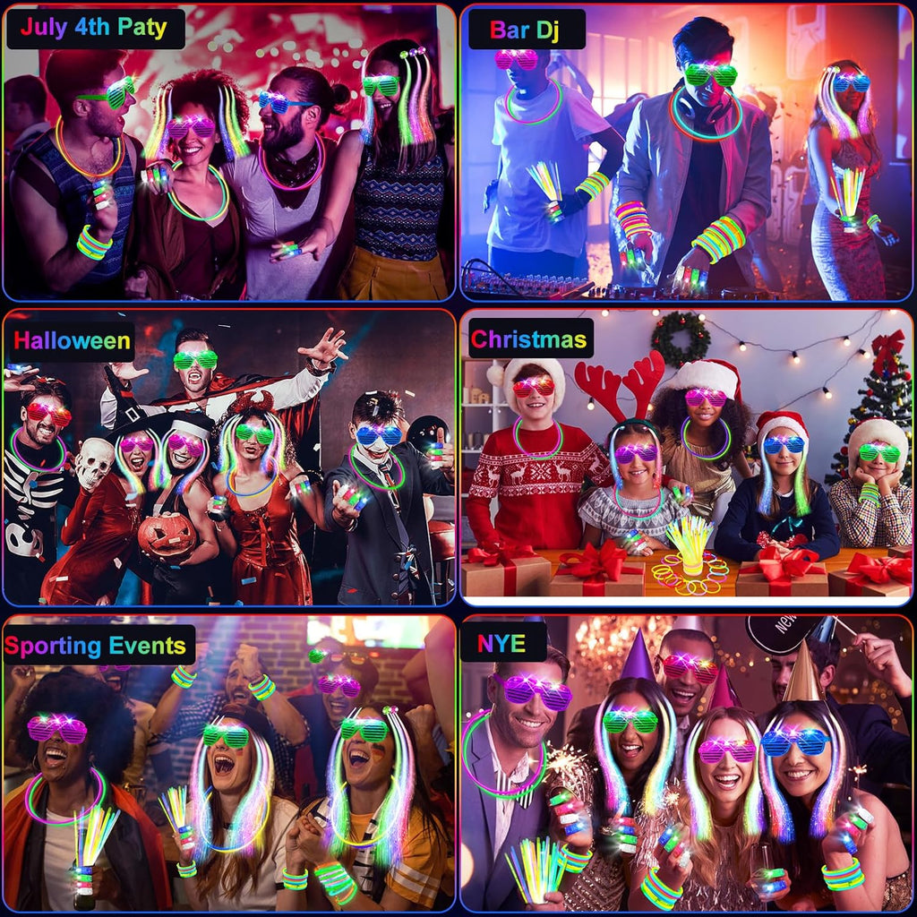 SHQDD Glow in the Dark Party Supplies - 158 PCS Set with LED Glasses, Finger Lights & Glow Sticks