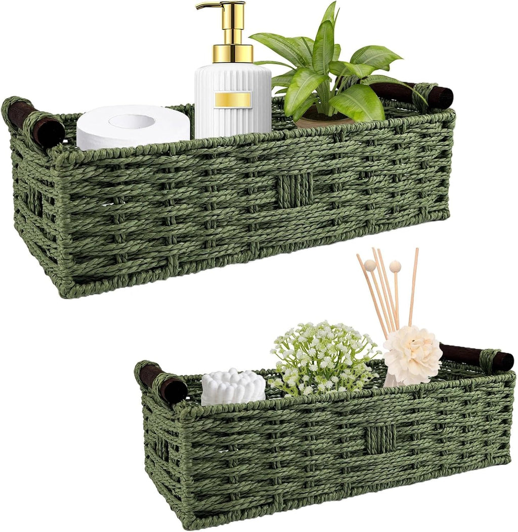 Skiennix Green Toilet Basket - Stylish Bathroom Organizer & Storage | 2-Piece Paper Rope Wicker Holder