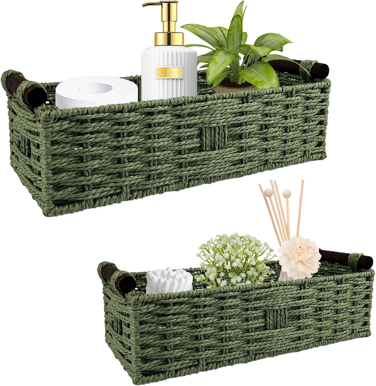 Skiennix Green Toilet Basket - Stylish Bathroom Organizer & Storage | 2-Piece Paper Rope Wicker Holder
