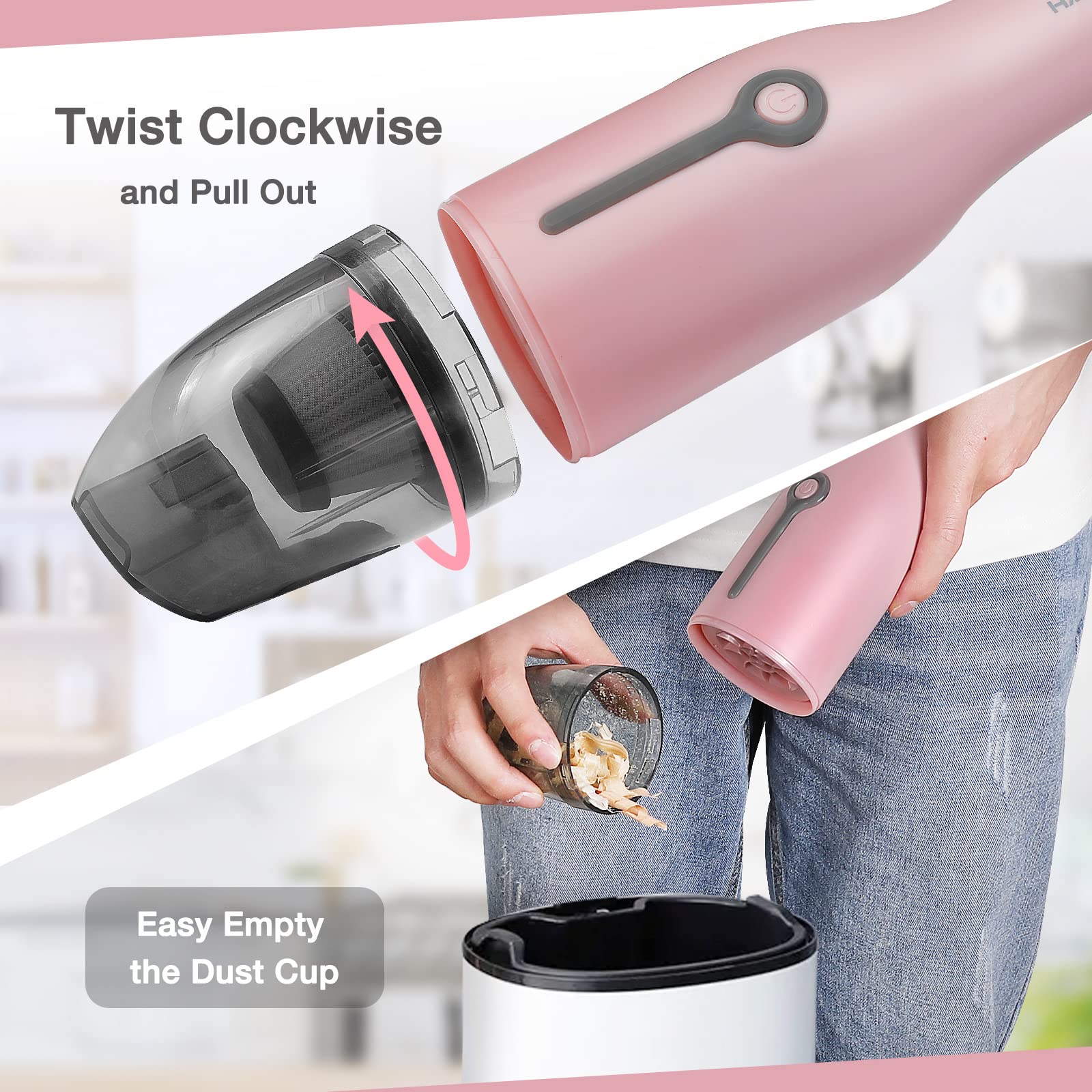 HAUSHOF Handheld Vacuum, Cordless Car Vacuum Cleaner 8000PA/12000PA 2 Modes with Cleaning Brush, Rechargeable Portable Mini Vacuum for Car, Home and Pet(Pink)