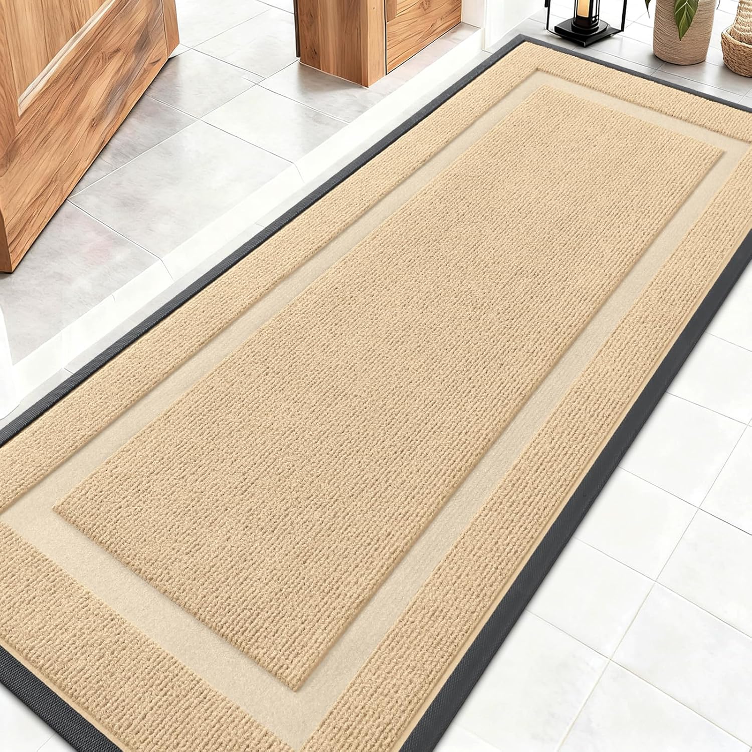 OLANLY Waterproof All-Season Front Door Mat - Sturdy Natural Rubber, Easy Clean, 59x20, Beige