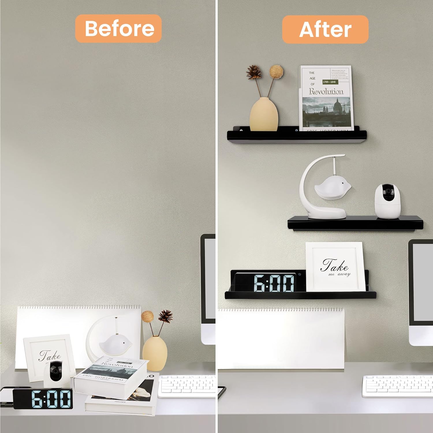Upsimples Acrylic Wall Shelves - 15" Floating Display Shelf Set for Perfume & Books | Black, 4 Pack