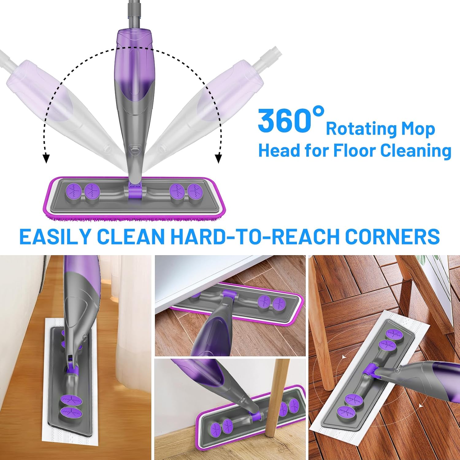 Skiennix Spray Mop - Versatile Wet Dry Cleaning with 2 Washable & 2 Disposable Pads | Refillable Bottle for Hardwood & Tile Floors