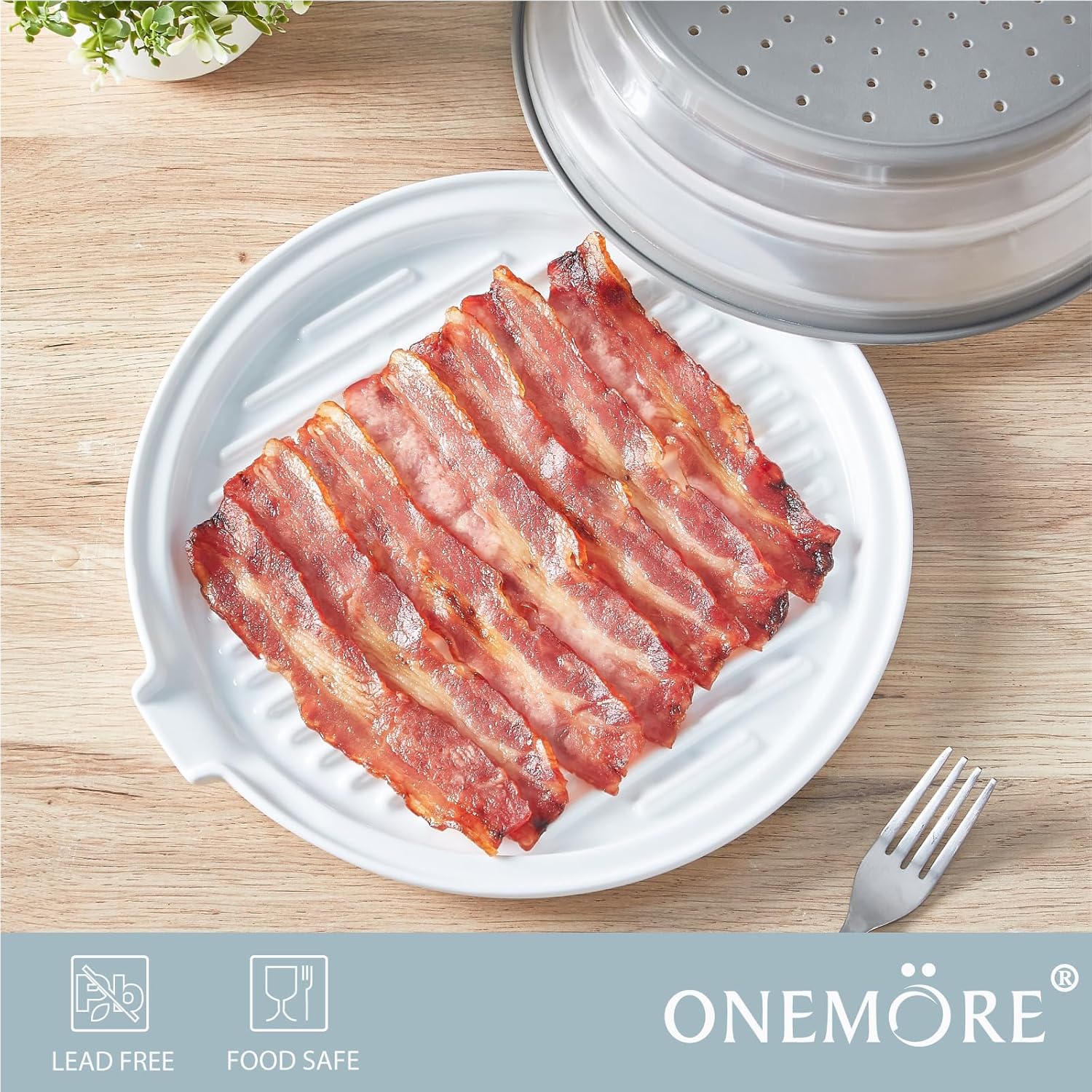 ONEMORE Microwave Bacon Tray - Ceramic Cooker for Crispy Bacon | 11-Inch Round Dish, White