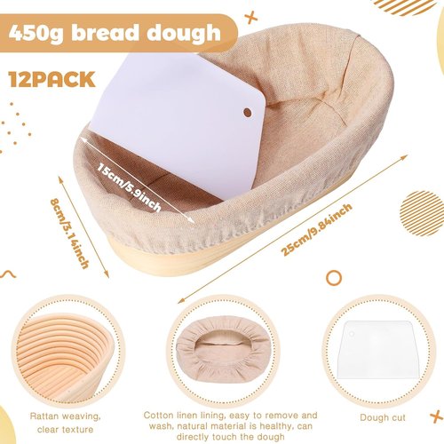 Gejoy 12-Piece Oval Bread Proofing Basket Set - Sourdough Dough Bowls with Cloth Liner & Scraper | 10 Inch