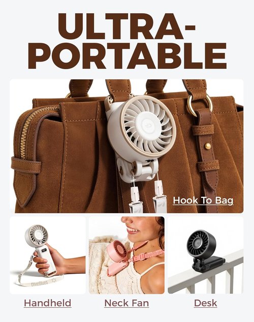 Diveblues Portable Turbo Fan - 100 Speed Handheld Fan with Strong Airflow | Foldable 4-in-1 Design for Neck, Desk & Travel, USB-C Rechargeable