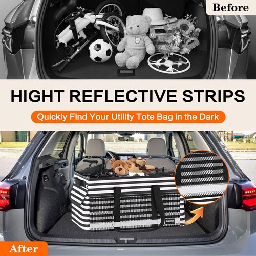 DSDCDJ 2 Pack Extra Large Utility Tote Bag with Reflective Strip, Standing Reusable Grocery Bags with Hard Bottom, Collapsible Utility Tote with Handles for Shopping, Beach, Picnics, Car