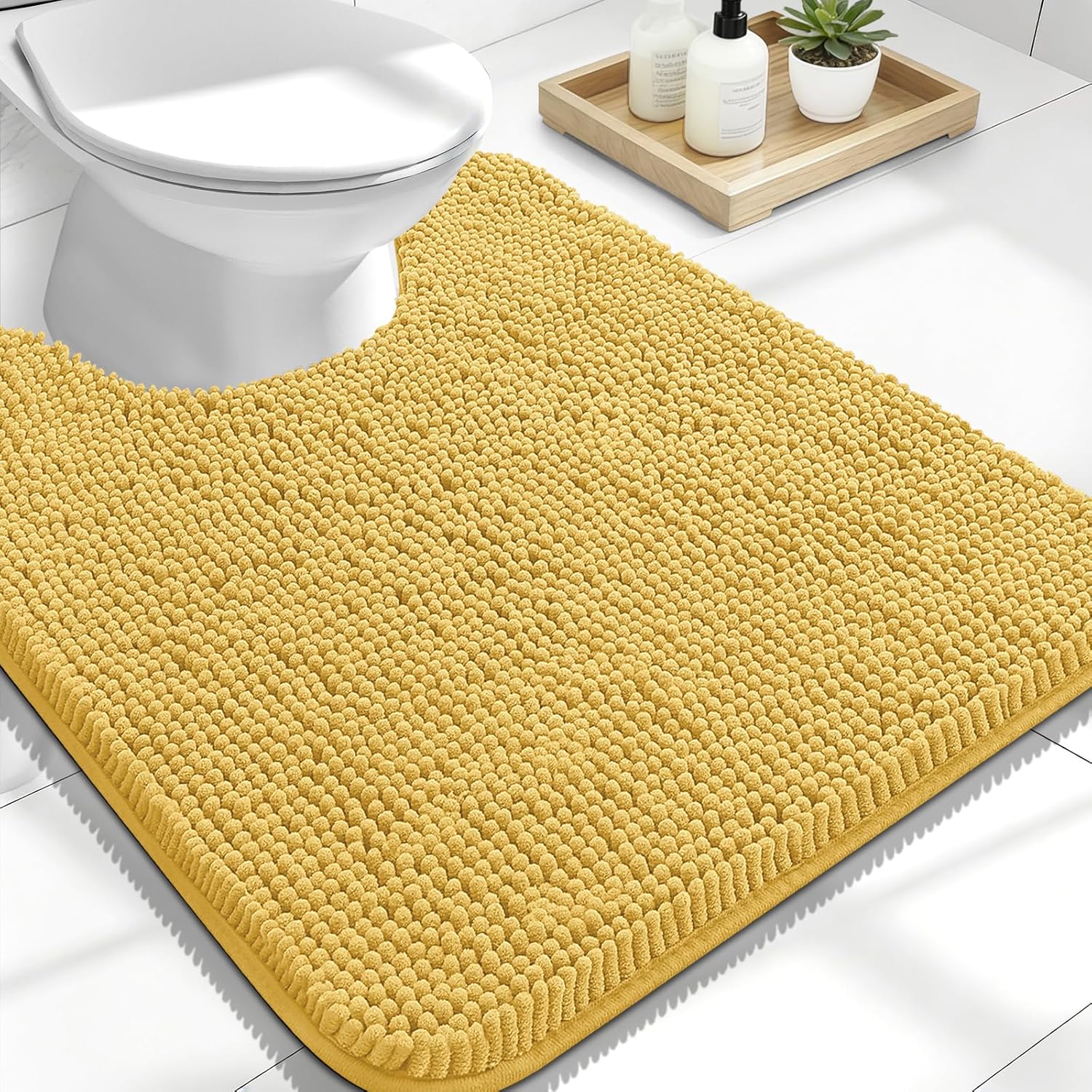 OLANLY U-Shaped Toilet Rug - Extra Soft Chenille, Quick-Dry & Non-Slip | 24x20 Inches, Yellow