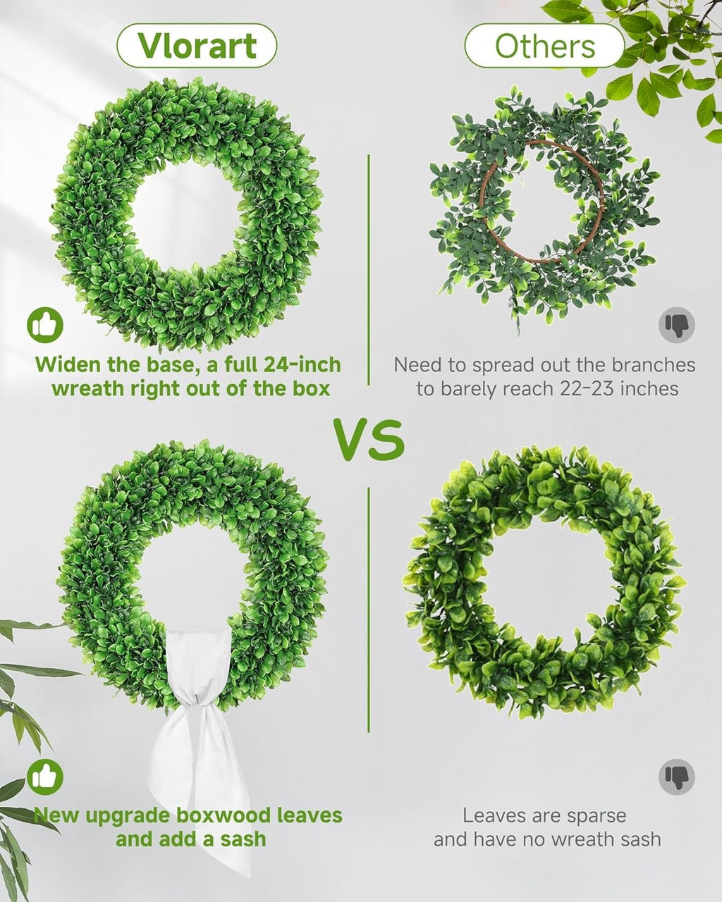 Vlorart 24-Inch Faux Boxwood Wreath - Weatherproof Spring & Summer Decor for Indoor/Outdoor Use