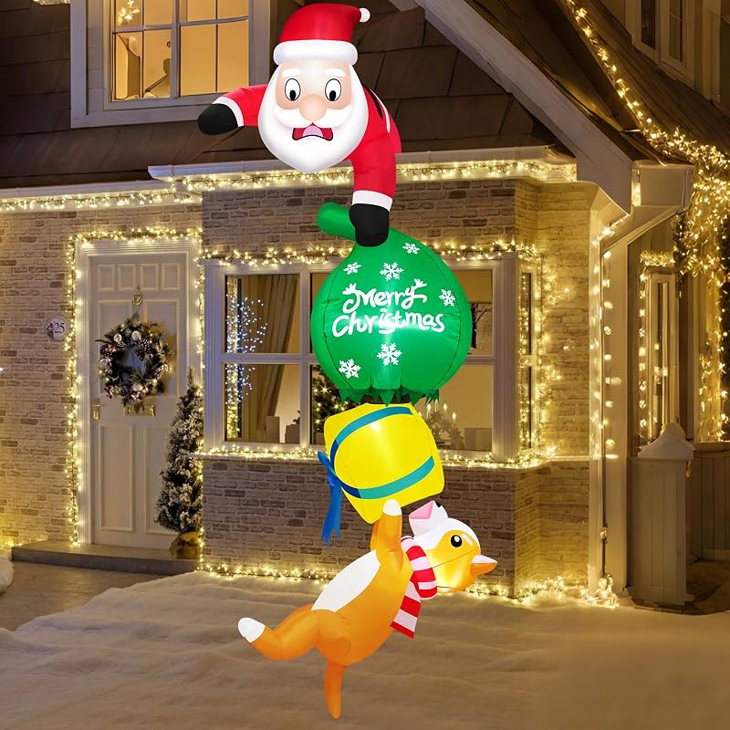 8 ft Hanging Santa Inflatable with Gift & Dog - Built-in LEDs, Outdoor Xmas Decor (Variation: 8ft-hanging Santa)