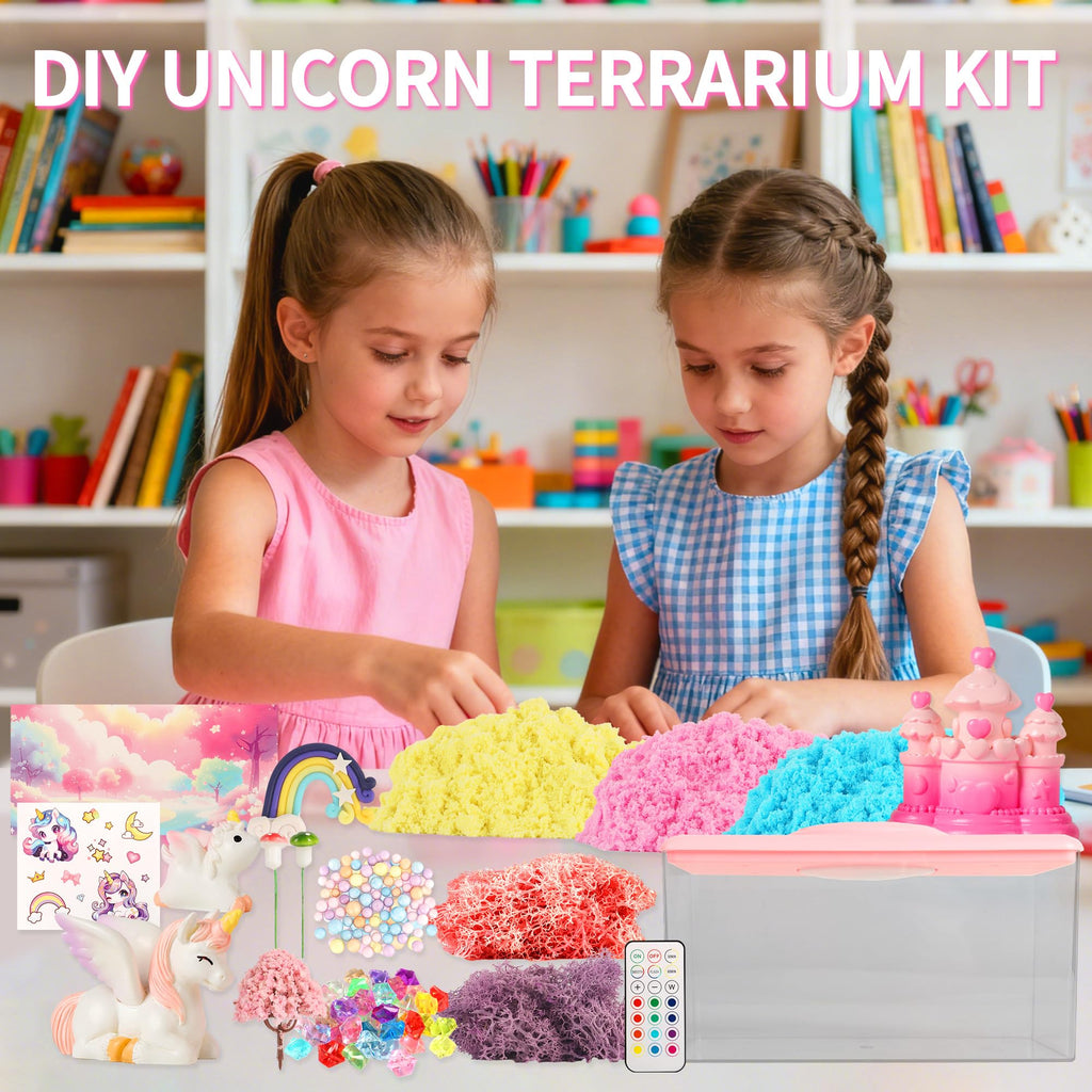 Unicorn Light-Up Terrarium Kit Toys for Kids - Not Fragile - LED Night Light Birthday Gift for Girls Ages 4 5 6 7 8-12 Year Old - DIY Arts and Crafts Kit, with Music, Stickers, Background