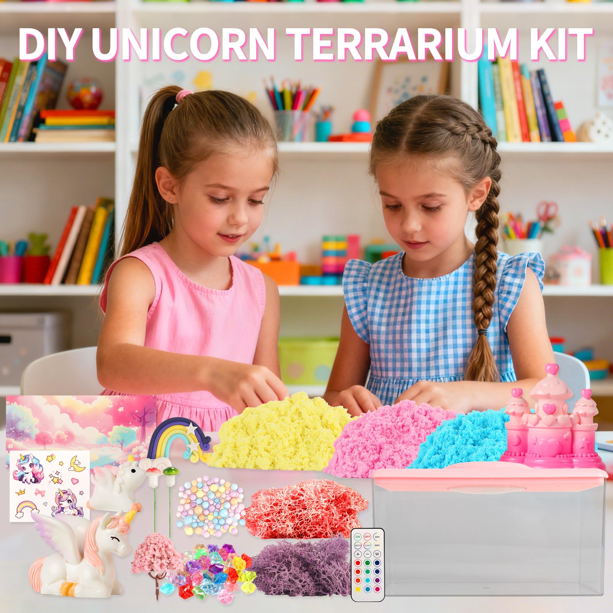 Unicorn Light-Up Terrarium Kit Toys for Kids - Not Fragile - LED Night Light Birthday Gift for Girls Ages 4 5 6 7 8-12 Year Old - DIY Arts and Crafts Kit, with Music, Stickers, Background