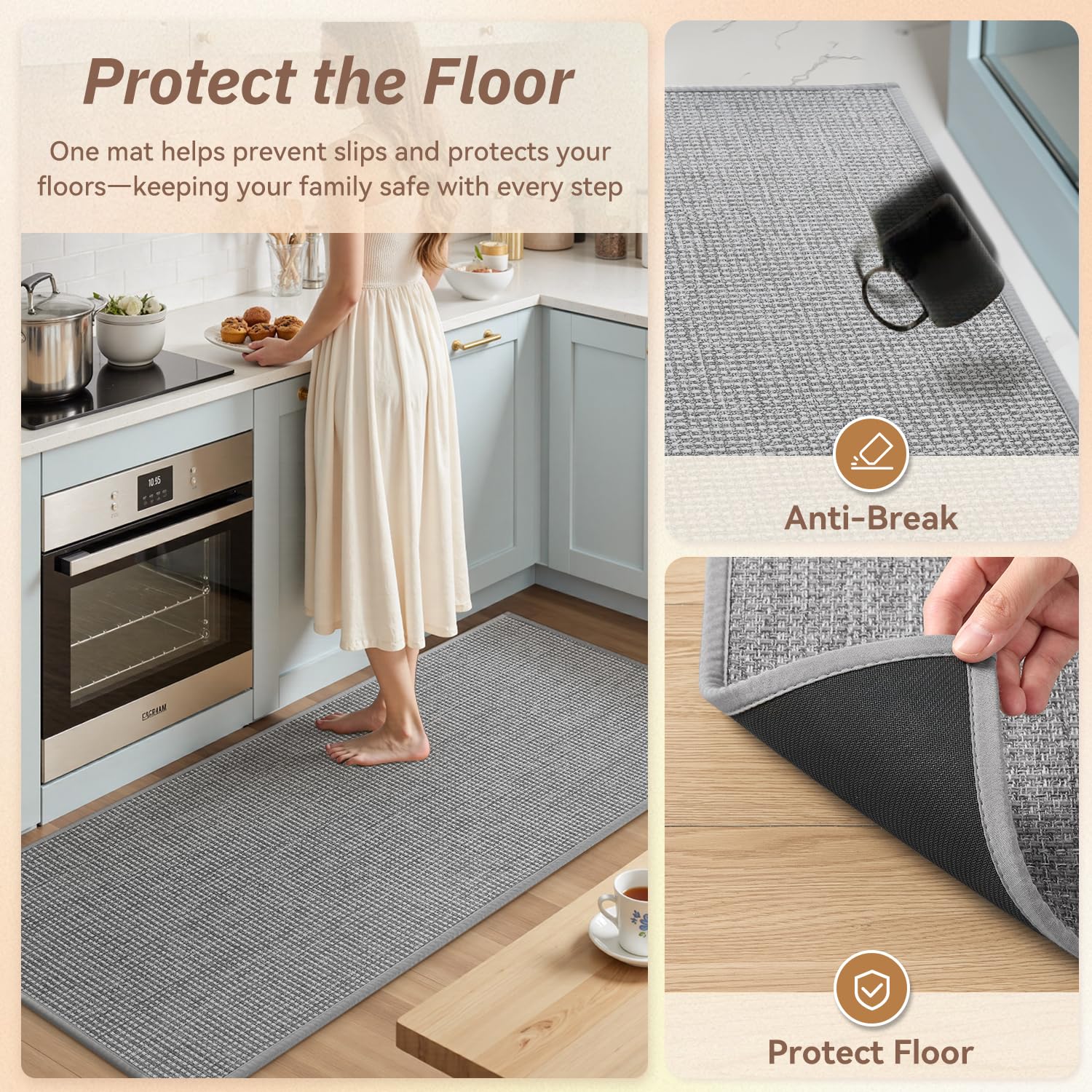 PADOOR Kitchen-Rugs Non Slip Washable, Kitchen-Mats for Floor Super Absorbent Kitchen Floor Mat, Rubber Backing Kitchen-Runner Rug, Comfort Standing Mats in Front of Sink 20"x47" Grey
