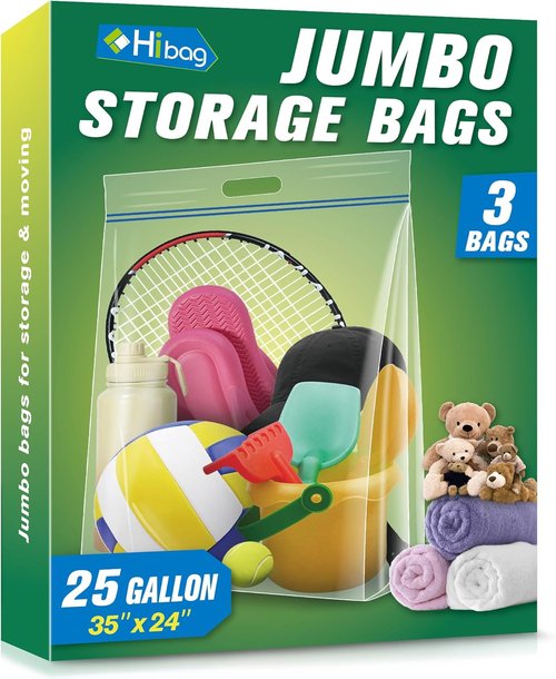 HIBAG Jumbo Storage Bags - 25 Gallon Heavy Duty Resealable Clear Bags with Handle | Extra Large XL, Pack of 3