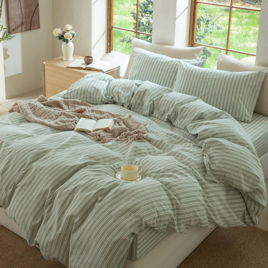 BESTDESIL Sage Green and White Striped Duvet Cover,100% Washed Cotton Breathable and Linen Like Bedding Set(Strip-Sage Green/White,Full)