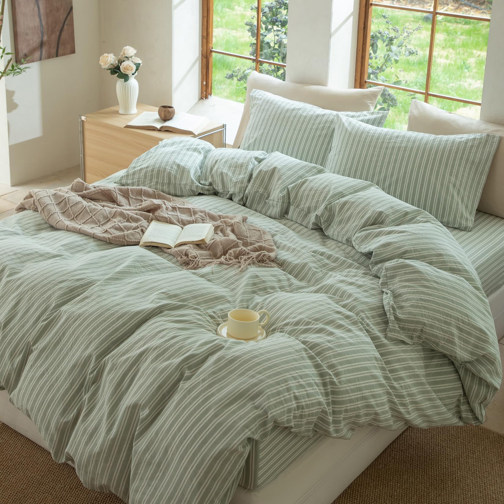 BESTDESIL Sage Green and White Striped Duvet Cover,100% Washed Cotton Breathable and Linen Like Bedding Set(Strip-Sage Green/White,Full)