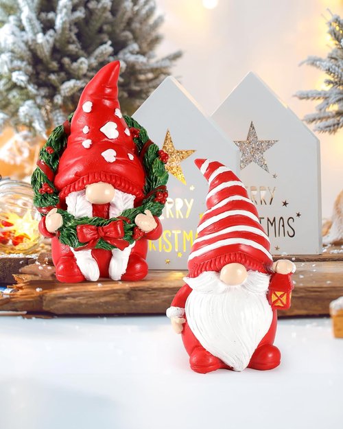 iStatue Set of 2 Resin Christmas Gnomes - Adorable Hand-Painted 4.3'' Tomte Figurines for Home & Garden Decor