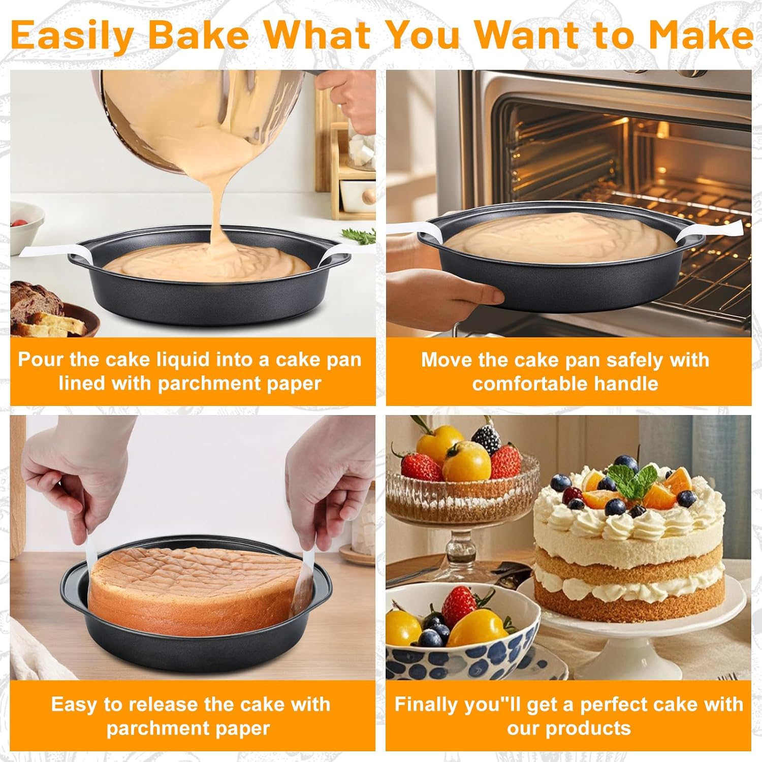 8 Inch Cake Pan Set by [Brand Name] - 3 Carbon Steel Round Pans with 100 Parchment Papers | Non-Stick & Healthy