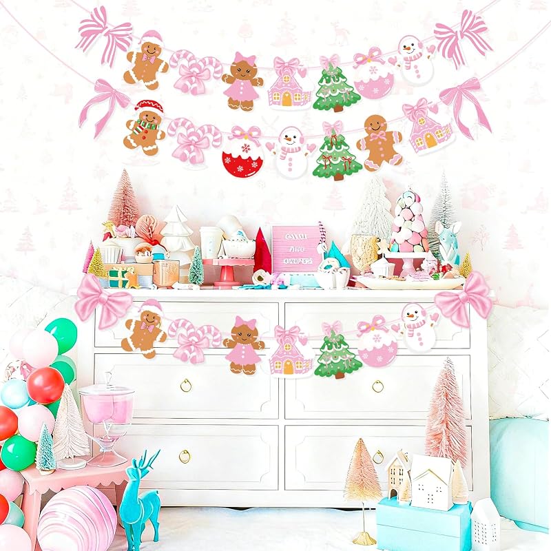 Pink Gingerbread Christmas Banner Set - 3 Piece Wall Garland with Bows