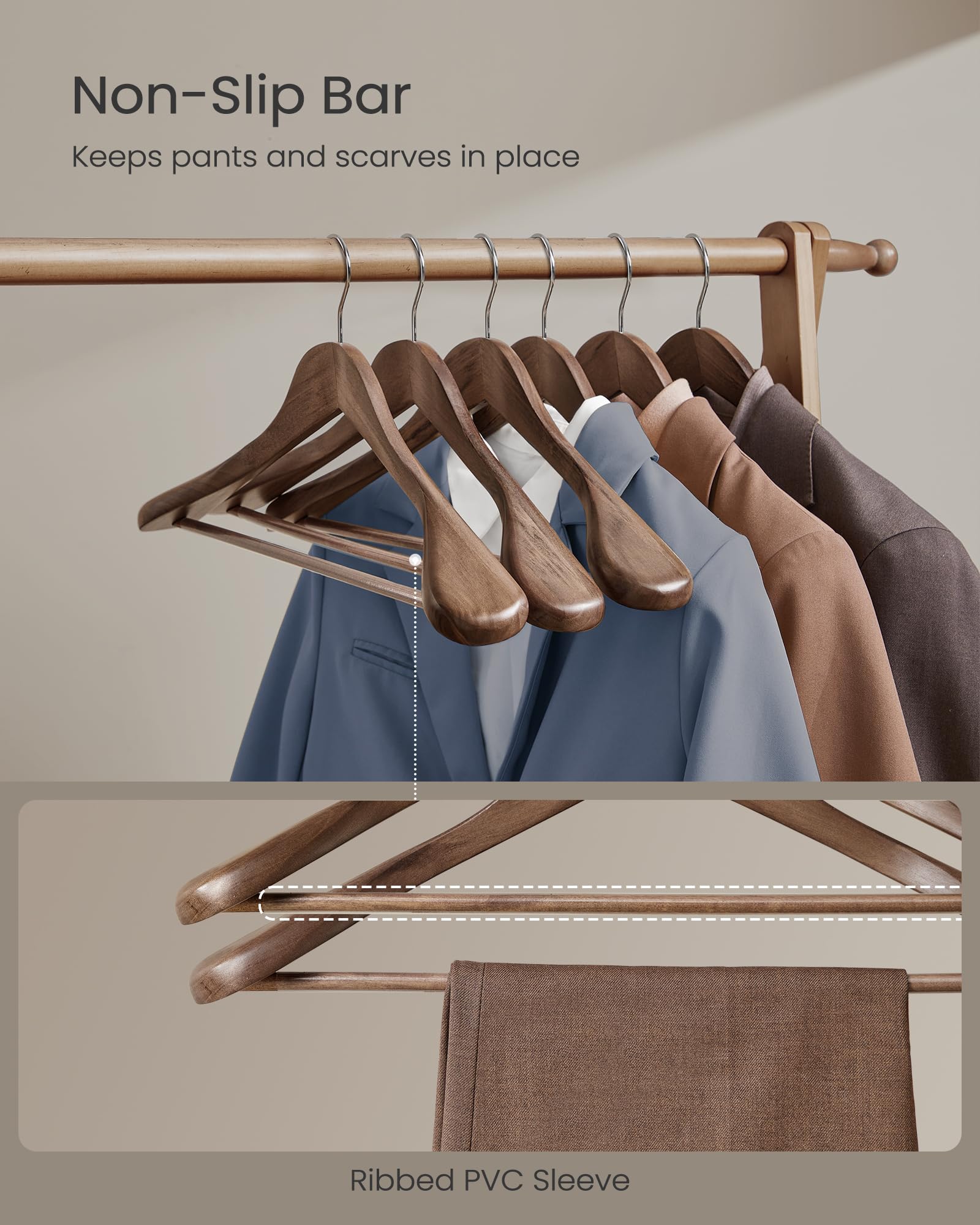 SONGMICS Extra Wide Wooden Suit Hangers, Set of 10 Clothes Hangers, Swivel Hooks, Non-Slip Bars, for Outfits, Suits, Coats, Shirts, Dresses, Walnut Color UCRW050KZ01
