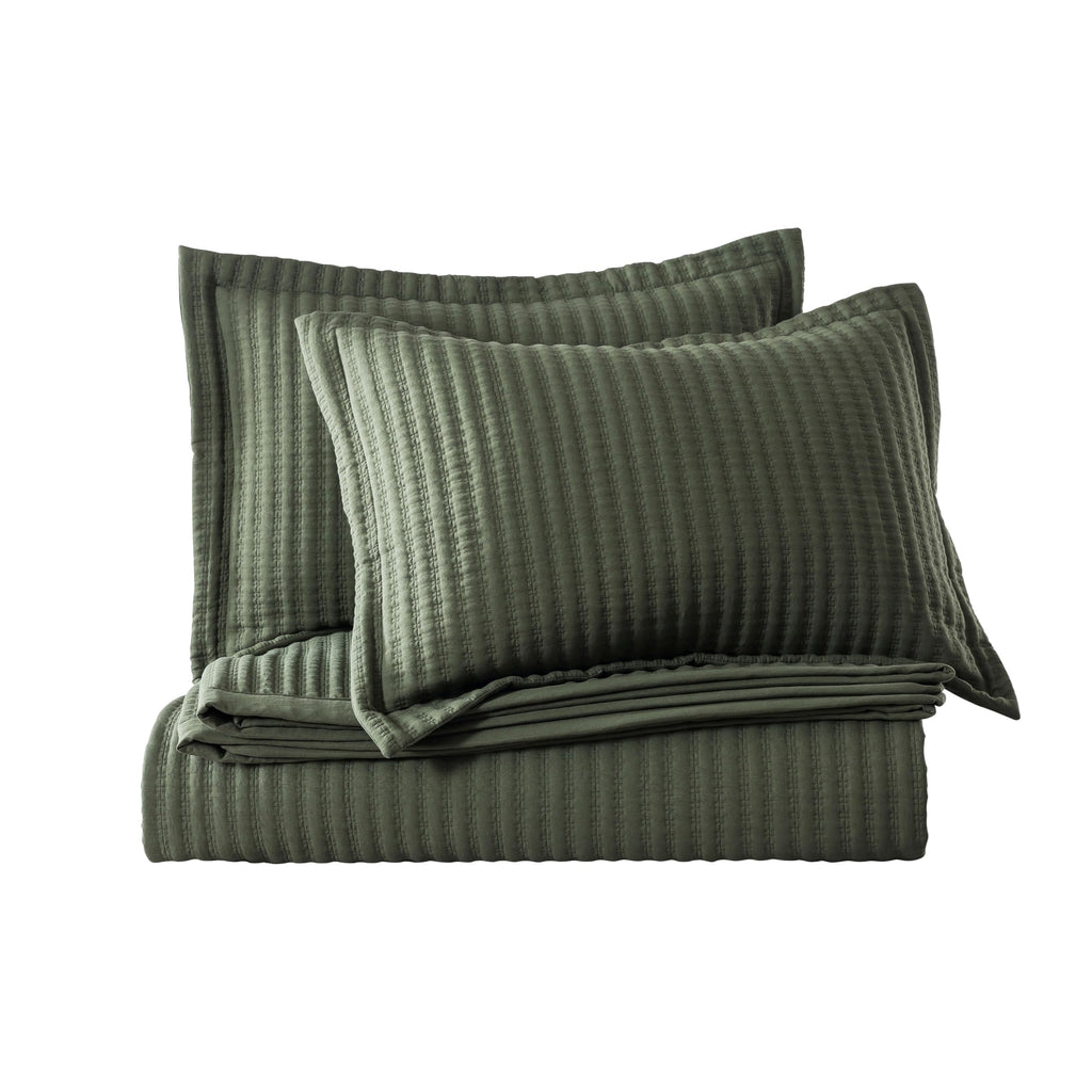 WDCOZY Olive Green Queen Size Quilt Set, Striped Pick Stitch Lightweight Bedspread, Soft Channel Farmhouse Rustic Coverlet, Spring Summer Thin Comforter, Country Bedding, 90x90 inches