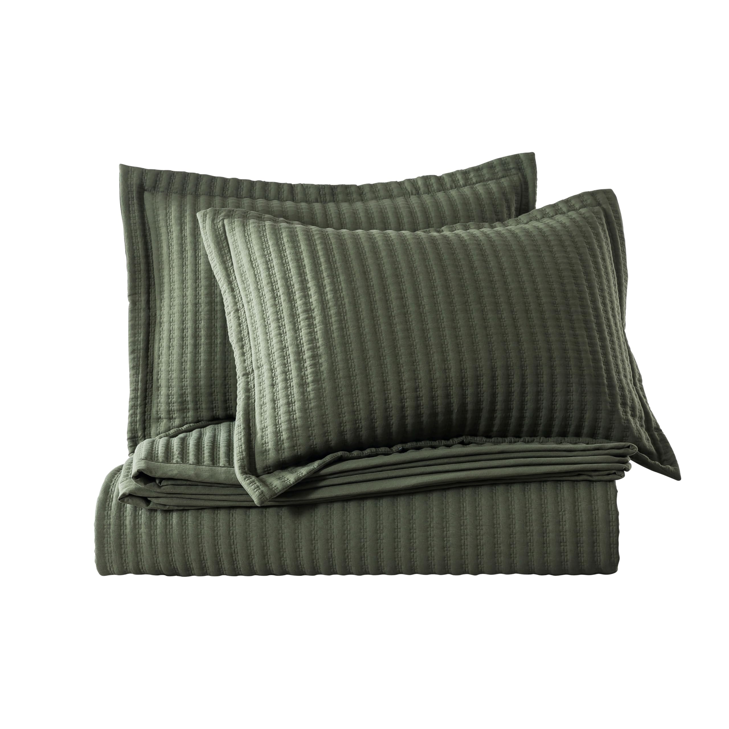 WDCOZY Olive Green Queen Size Quilt Set, Striped Pick Stitch Lightweight Bedspread, Soft Channel Farmhouse Rustic Coverlet, Spring Summer Thin Comforter, Country Bedding, 90x90 inches