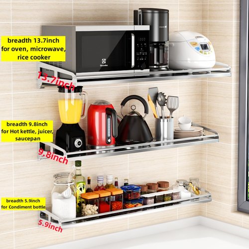 Floating Shelf 304 Stainless Steel Metal Heavy Duty Household Spice Rack Microwave Mounted Storage Rack for Kitchen Bedroom Bathroom (Length80CM*Wide15CM)