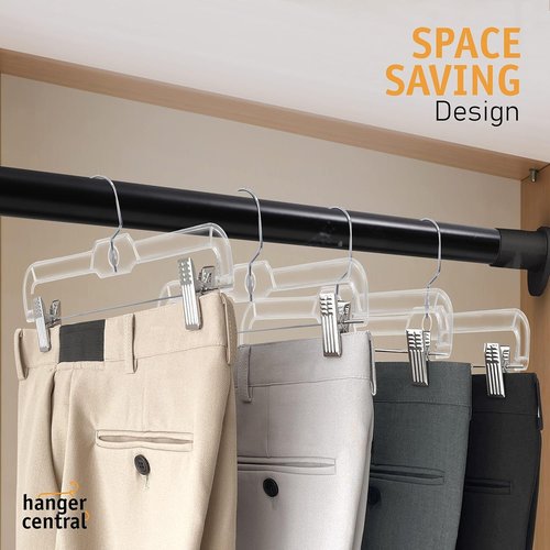 Hanger Central Premium 14-Inch Clear Pants Hangers - Adjustable Clips & 360° Swivel Hook | 12 Pack
