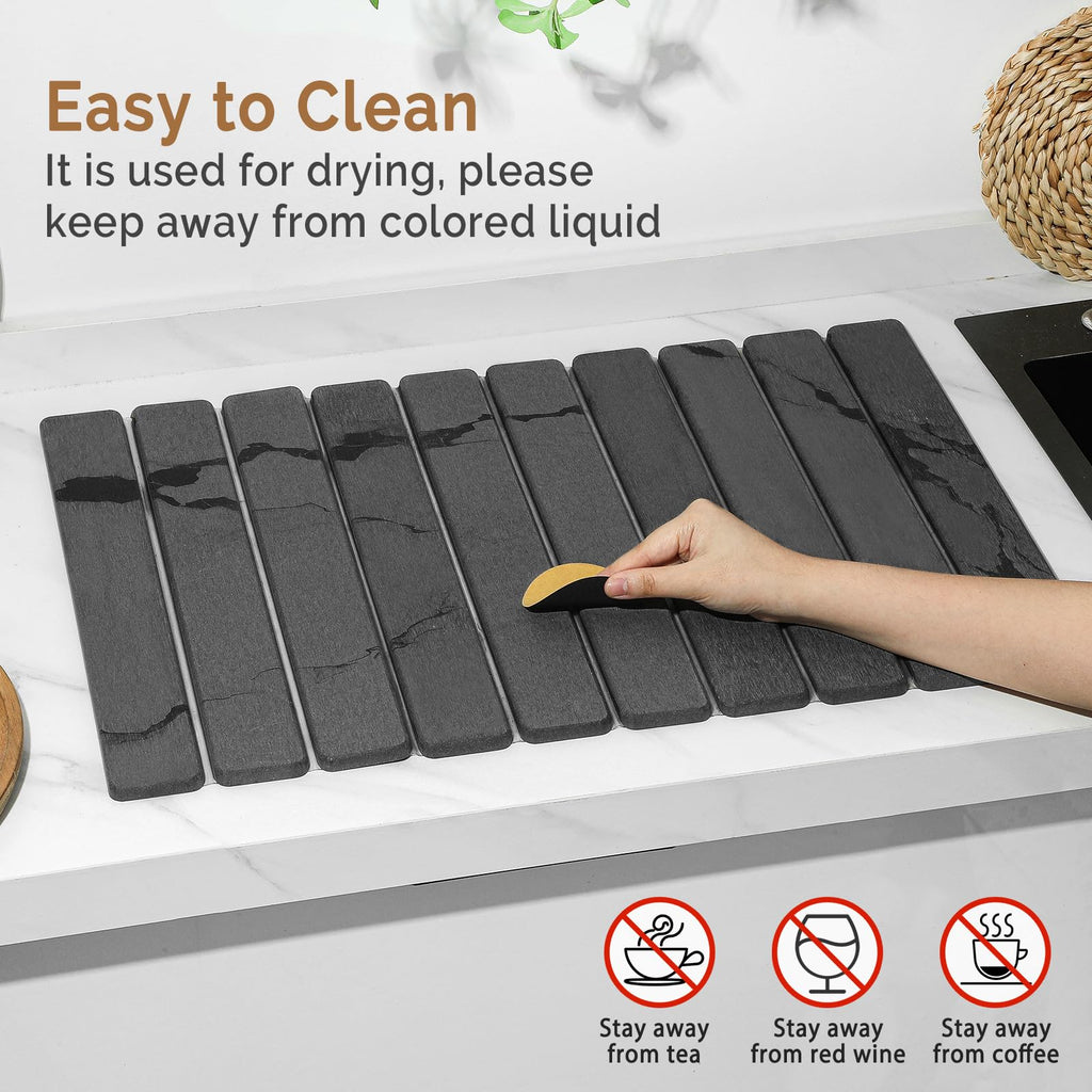 Large Stone Dish Drying Mat for Kitchen Counter, 2PCS Quick Dry Stone Dishes Mat,Foldable Water Absorbing Diatomaceous Drying Organizer Pad for Plates Rack Bottles Utensils(Dark Gray 24"×16" & 8"x4")