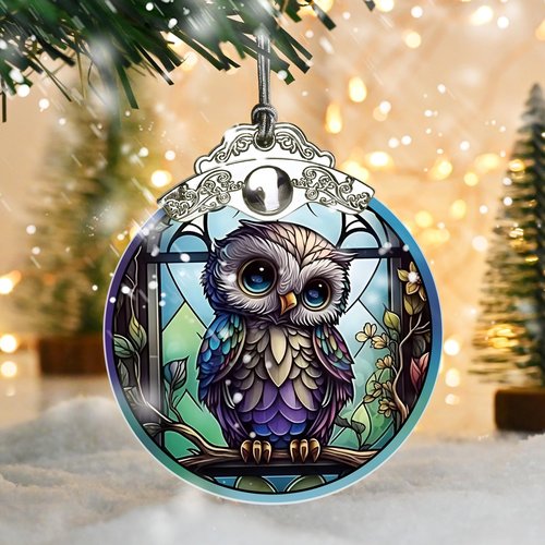 Jocidea Owl Christmas Ornaments - Stained Glass Holiday Decorations, Tree Ornaments, Xmas Gifts for Owl Lovers