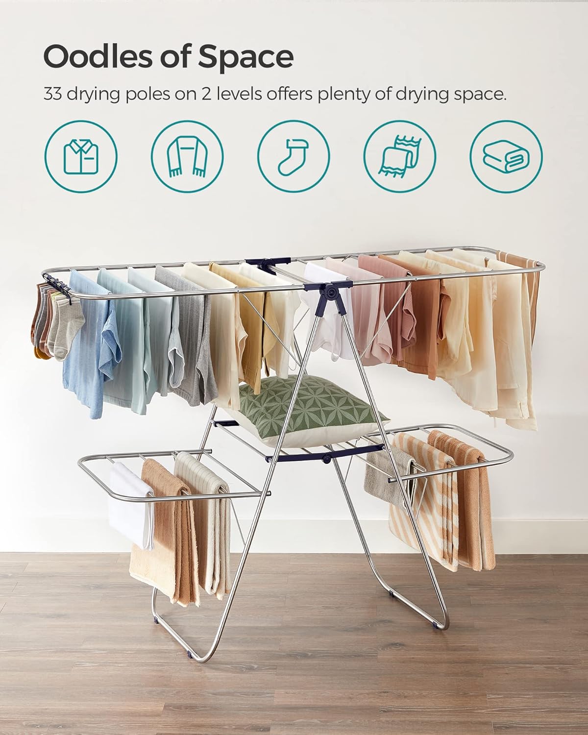 SONGMICS Foldable Clothes Drying Rack - 2-Level Laundry Airer with Adjustable Wings & 33 Rails | Silver and Blue