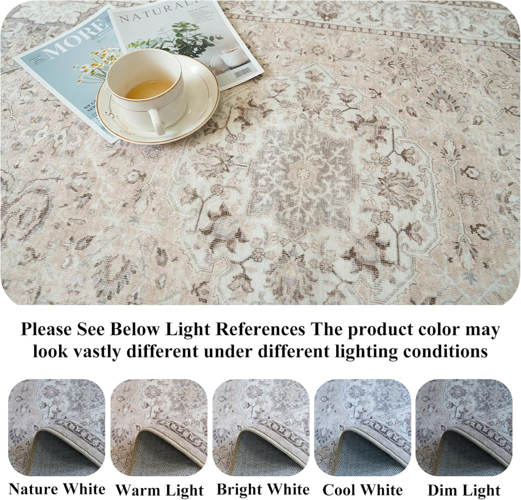 Skiennix Washable 2x8 Hallway Runner Rug - Vintage Water-Resistant, Ultra Soft, Non-Slip Backing | Beige