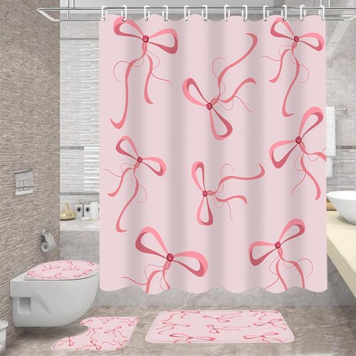 AZHM Pink Bow Shower Curtain Set - Cute Aesthetic Bathroom Decor with 12 Hooks | 4-Piece Set