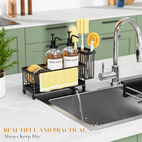 Kitchen Soap Dispenser Set with Sponge Holder and Towel Rack, 17OZ Glass Bottle, Hand and Dish Soap Dispenser Set, Non-Slip Silicone Pad, Brush Holder, Kitchen Sink Caddy Organizer Countertop