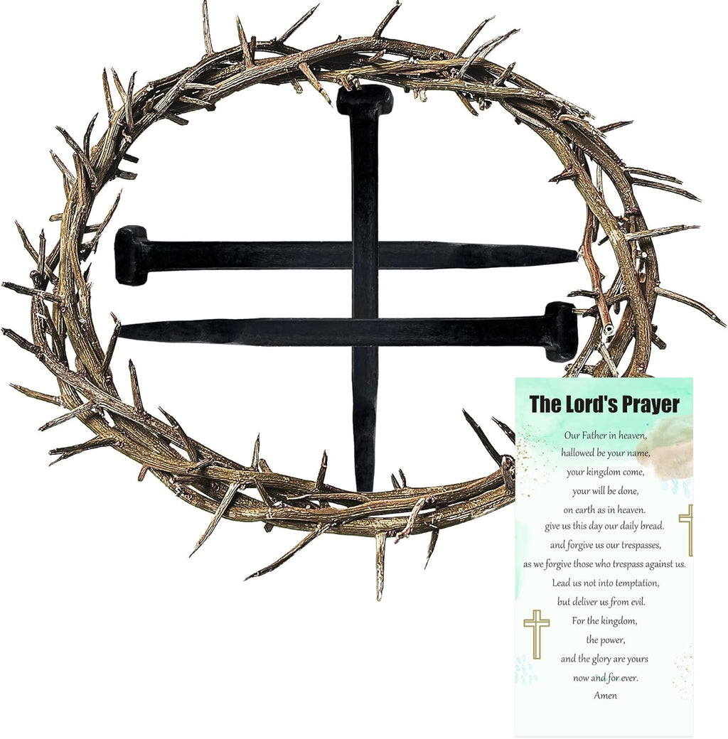 Skiennix Crown of Thorns Set - 5 Pcs with 8'' Jesus Thorn Crown & 3 Crucifix Nails | Easter Christian Decor