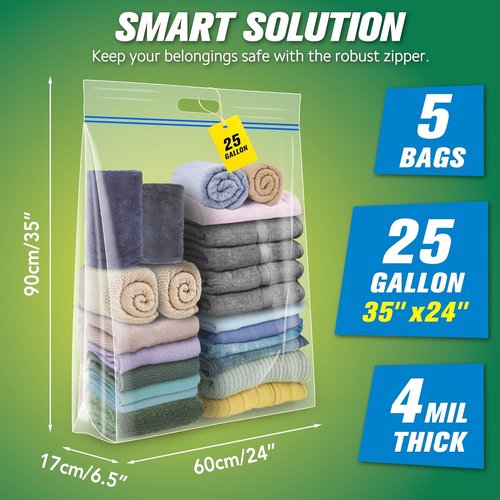 HIBAG Jumbo Storage Bags - 25 Gallon Resealable Clear Bags with Handle | Extra Large Heavy Duty for Travel & Moving - Pack of 5