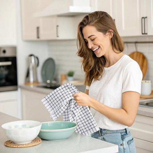 Homaxy Kitchen Towels - 100% Cotton, Super Soft & Absorbent, 6-Pack, 15 x 25 Inches, Black Check Design